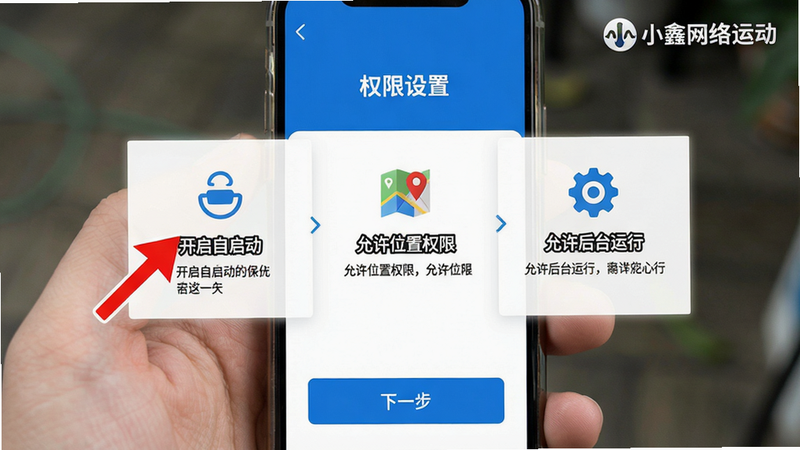 主体:手机屏幕展示“权限设置”引导页面。布局:页面分三步,第一步“开启自启动”配红色箭头,第二步“允许位置权限”配地图图标,第三步“允许后台运行”配齿轮图标。底部有“下一步”按钮。风格:引导页风格,步骤清晰,使用品牌蓝色。细节:右上角有“小鑫网络运动”Logo,每一步都有简短说明。画质:高清,无多余元素。