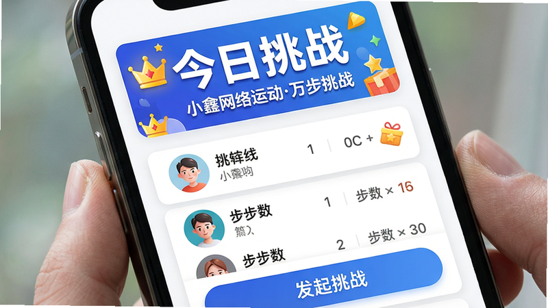 主体:手机屏幕显示社区挑战页面。布局:上方有“今日挑战”大横幅,中间为好友步数排行榜列表,每人显示头像、昵称、步数和排名。底部有“发起挑战”按钮。风格:卡片式设计,色彩活泼,带有奖励图标。细节:排行榜第一名有皇冠标识,横幅上文字“小鑫网络运动万步挑战”。画质:高清,无多余元素。