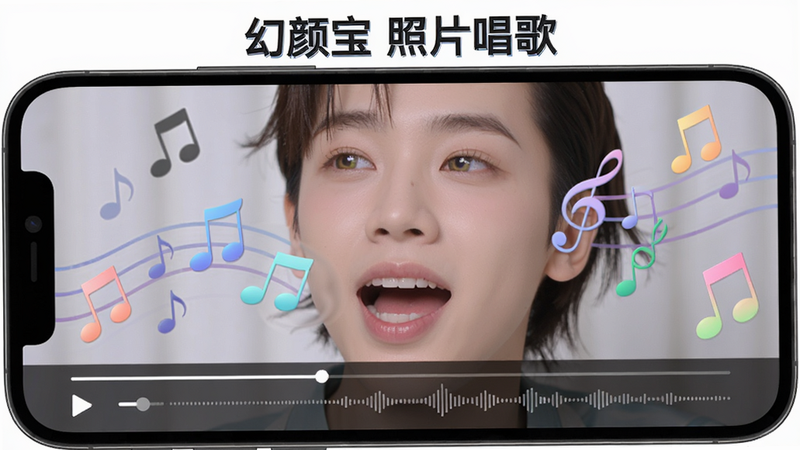 主体:手机屏幕展示照片唱歌功能,一张人物照片的嘴巴正在张合,旁边有音符动画漂浮,布局:全屏显示照片,底部有播放进度条和音频波形,排版:简洁干净,风格:动态效果截图,细节:照片人物眼睛闪烁,头部微微摆动,画质:高清,图片上方文字“幻颜宝 照片唱歌”