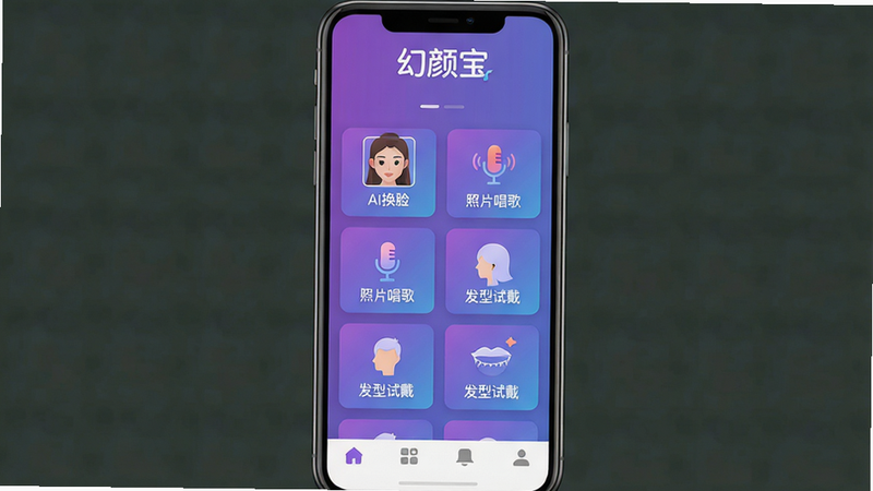 主体:幻颜宝软件界面展示,布局:手机屏幕居中显示,主界面包含“AI换脸”、“照片唱歌”、“发型试戴”等核心功能按钮,排版:按钮呈网格排列,色彩以渐变紫蓝色为主,风格:扁平化UI设计,细节:屏幕顶部显示“幻颜宝”logo,底部有导航栏,画质:高清渲染,干净无多余元素,图片中文字“幻颜宝”使用艺术字体