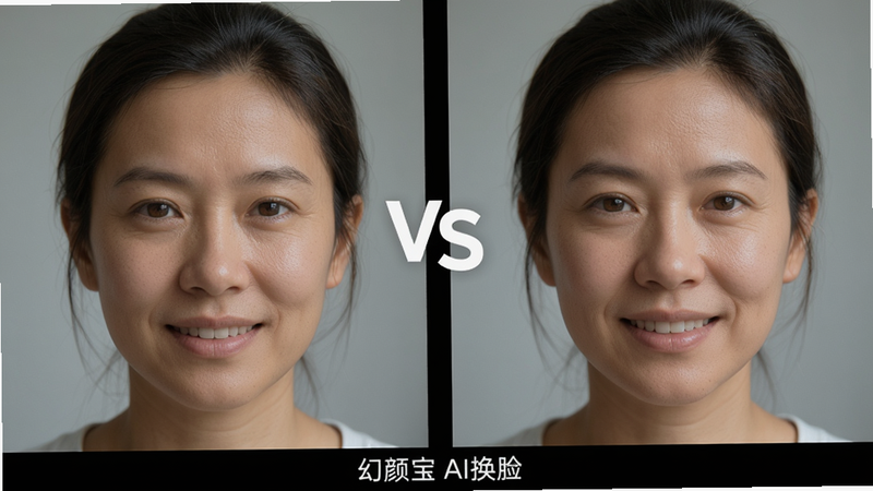 主体:AI换脸效果对比,左侧为原始人脸照片,右侧为换脸后照片,布局:左右并排,中间有“VS”字样,排版:两张图片尺寸一致,风格:写实人像,细节:换脸后人物表情自然,皮肤纹理清晰,画质:超清,干净无多余元素,图片底部标注“幻颜宝 AI换脸”
