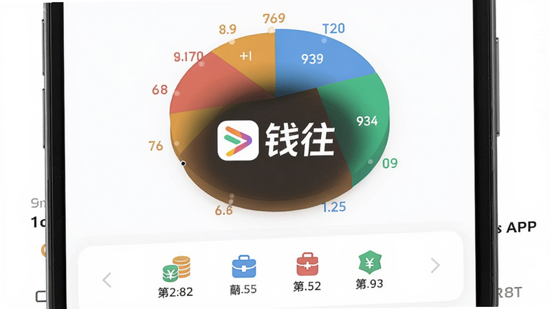 主体:手机屏幕显示钱往APP主界面,中间是“钱往”品牌logo和彩色饼状图,布局居中,排版清晰,风格扁平化,细节包括数字标签、分类图标,画质高清,干净无多余元素。