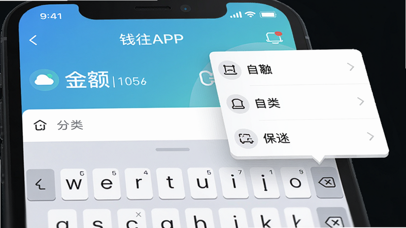 主体:钱往APP内的记账界面,显示输入金额和自动弹出的分类选项,布局上下结构,排版简洁,风格现代,细节包括键盘输入和图标,画质高清,干净无多余元素。
