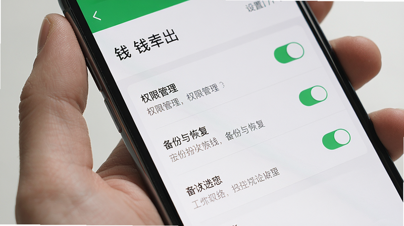 主体:手机屏幕上显示钱往APP的设置界面,有“权限管理”、“备份与恢复”等选项,布局列表式,排版清晰,风格简洁,细节有开关按钮和说明文字,画质高清,干净无多余元素。