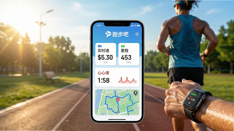 主体:跑步吧应用界面展示,一名跑步者正在户外奔跑,手机屏幕上显示实时配速、里程、心率和地图轨迹。布局:手机屏幕居中,背景为晨光中的公园跑道,远处有树木和蓝天。排版:手机界面清晰显示“跑步吧”Logo,数据以卡片式排列,字体简洁现代。风格:真实摄影风格,明亮清新,运动活力。细节:手表与手机同步数据,汗水与阳光反射。画质:4K超清,干净无多余元素,聚焦主体。