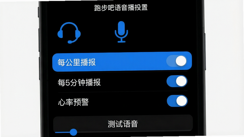 主体:跑步吧语音播报设置界面,一个耳机图标和麦克风,下方列表显示“每公里播报”、“每5分钟播报”、“心率预警”等选项。布局:采用深色模式,高亮当前选中项。排版:文字清晰,右侧有开关滑块。风格:极简主义,暗色背景辅以蓝色高亮。细节:滑块下方有“测试语音”按钮。画质:高对比度,干净无噪点。