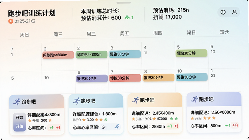 主体:跑步吧训练计划页面,一个日历视图上标注了不同颜色的训练任务,如“间歇跑4×800m”、“慢跑30分钟”。布局:上方显示本周训练总时长和预估消耗,下方为每日任务卡片。排版:每个任务卡片上有“跑步吧”Logo,左侧有开始按钮。风格:卡片式UI,柔和渐变背景。细节:卡片上显示详细配速建议和心率区间。画质:干净,无杂乱信息。