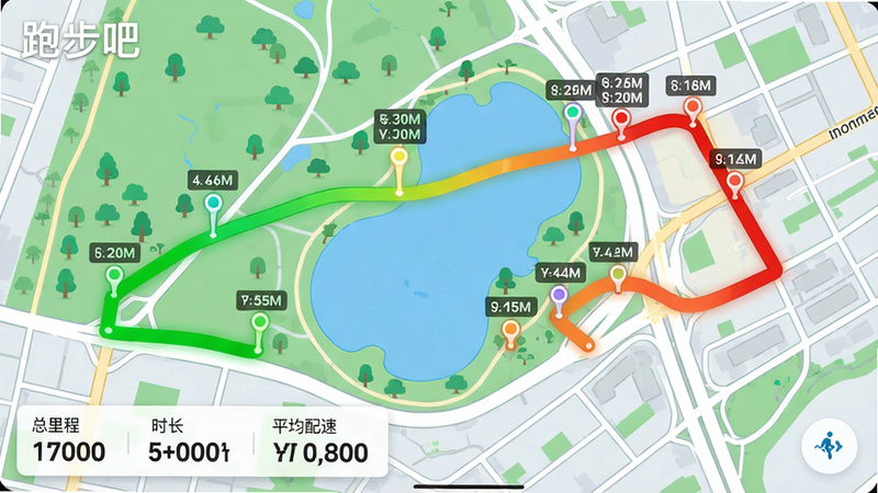 主体:跑步吧的GPS轨迹回放界面,一条彩色路线在电子地图上延伸,途经公园、湖泊和街道。布局:地图占满屏幕,轨迹线从绿色渐变到红色表示速度变化。排版:地图左上角有“跑步吧”水印,下方显示总里程、时长和平均配速。风格:科技感UI界面,扁平化设计,色彩鲜明。细节:轨迹线上有标记点,显示每公里用时。画质:高清渲染,干净无多余元素。