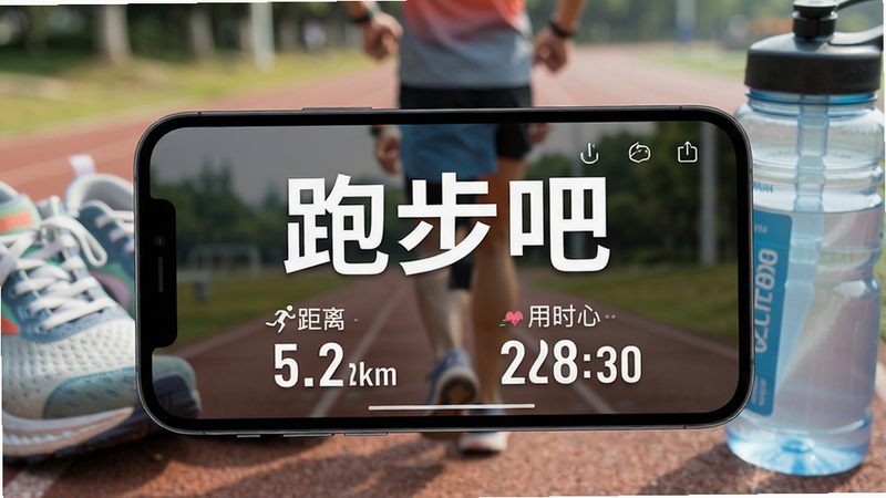 主体:跑步吧应用运行截图,手机上显示正在跑步的实时界面,背景虚化,中文字“跑步吧”醒目。布局:手机横向放置,屏幕占据画面2/3,周围有运动装备如跑鞋、水壶。排版:界面数据以数字大字体显示配速和心率。风格:真实场景拍摄,自然光线。细节:屏幕上有“距离5.2km”和“用时28:30”。画质:高清,干净整洁。