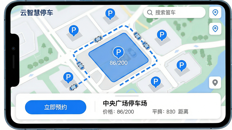 主体:云智慧停车功能界面,地图上标注多个停车场图标,选中一个显示空位数量“86/200”,底部有“立即预约”按钮;布局:地图占据画面大部分,右上角有搜索框和定位按钮,底部卡片式信息栏;排版:停车场名称“中央广场停车场”加粗,价格和距离灰色小字;风格:类似高德地图UI,但配色为云智慧品牌蓝;细节:车辆行驶路径用蓝色虚线标记,停车场图标带P字;画质:高分辨率,干净无多余元素。