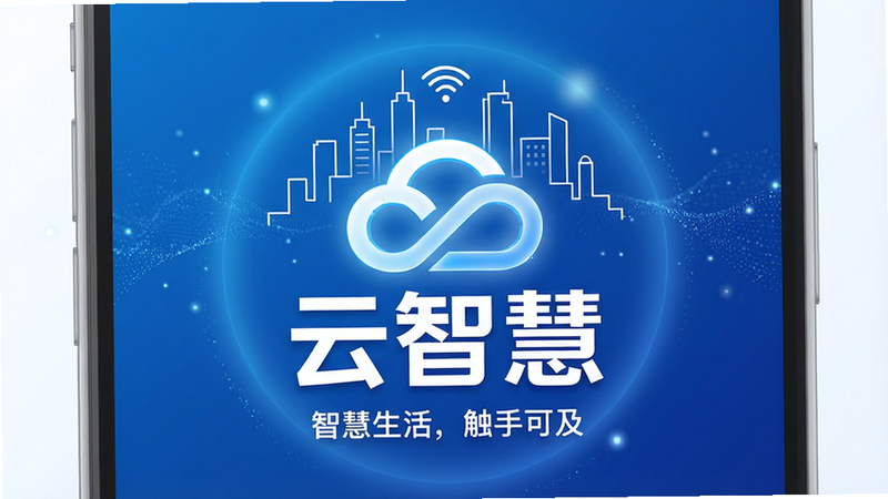 主体:云智慧APP的启动界面,中央显示“云智慧”Logo与中文名称,背景为渐变蓝色科技感光晕;布局:居中构图,Logo上方有简洁的白色线条勾勒的智慧城市剪影;排版:文字“云智慧”采用无衬线字体加粗,下方小字“智慧生活,触手可及”;风格:扁平化结合微立体光影,现代简约,色调以蓝白为主;细节:Logo边缘有柔和发光效果,背景光晕带有细微粒子流动;画质:4K超清,干净无多余元素。