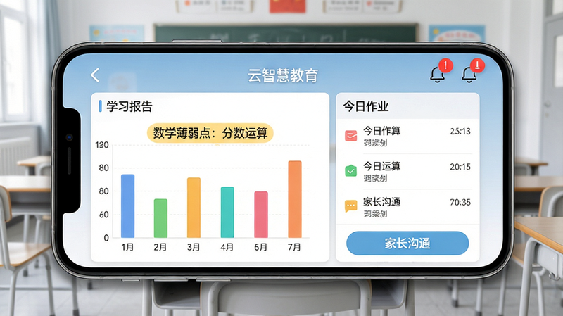主体:手机屏幕展示云智慧教育模块界面,左侧显示学习报告图表,右侧有“今日作业”列表和“家长沟通”按钮;布局:手机居中横屏展示,背景为浅灰色教室场景;排版:图表为彩色柱状图,文字“数学薄弱点:分数运算”高亮显示;风格:真实产品截图风格,UI界面清晰可辨,带轻微投影;细节:屏幕上方状态栏显示“云智慧教育”,通知图标有红色角标;画质:高清,无多余元素,重点突出功能界面。