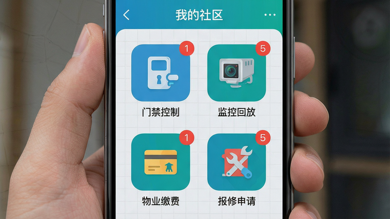 主体:云智慧APP的社区物联控制面板,顶部有“我的社区”标题,下方依次排列“门禁控制”“监控回放”“物业缴费”“报修申请”四个大图标;布局:手机竖屏界面,图标为扁平化带圆角矩形;排版:每个图标下方有中文名称,右上角有红色数字提示未读消息;风格:清爽UI,蓝绿色系,与整体品牌统一;细节:背景有淡灰色网格,模拟真实手机截图;画质:清晰锐利,无多余元素。