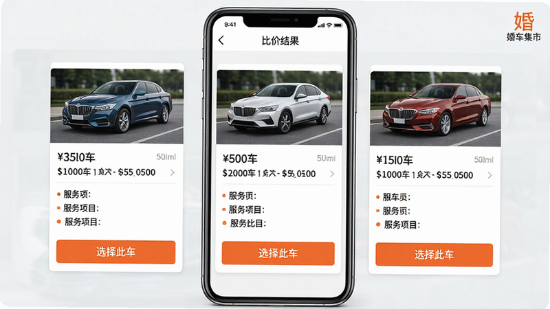 婚车集市app比价界面,手机屏幕上并排显示三个婚车报价卡片,每个卡片包含车型缩略图、租金、服务项目,底部有“选择此车”按钮,背景为浅灰色,顶部导航栏显示“比价结果”,整体简洁商务,带“婚车集市”字样,画质高清。