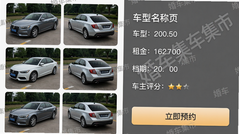 婚车集市app内的婚车详情页面,左侧显示车辆多角度实拍图,右侧标注车型名称、租金、档期和车主评分,底部有“立即预约”按钮,页面采用白灰配色,信息层级清晰,带有“婚车集市”水印,画质细腻,无多余元素。