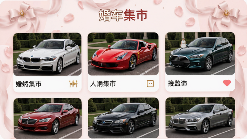 婚车集市app主界面,展示多款婚车图片列表,包括白色宝马、红色法拉利等,界面采用卡片式布局,顶部有“婚车集市”logo,背景为淡粉色婚礼主题,整体风格清新浪漫,高清画质,干净无多余元素,布局整洁,细节丰富。
