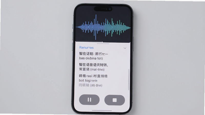 提示词:手机屏幕显示智在记录语音转写界面,上半部分为音频波形动态图,下半部分为实时滚动的文字转写结果,文字清晰可读,底部有暂停和停止按钮,背景为浅灰色,风格科技感,画质干净