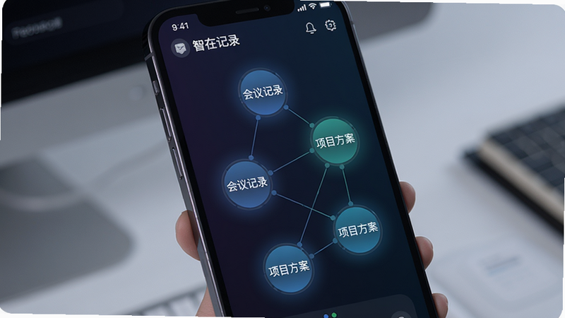 提示词:手机屏幕显示智在记录的知识图谱功能,以圆形节点和连线展示不同笔记之间的关联,每个节点有标签文字如“会议记录”、“项目方案”,背景为深色渐变,风格科技感,画质干净