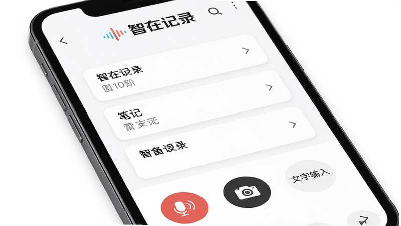 提示词:智能手机屏幕展示智在记录主界面,顶部有“智在记录”品牌标识,中间是笔记列表卡片,底部有录音、拍照、文字输入三个圆形按钮,背景为纯白色,整体风格简洁现代,画质高清,无多余元素