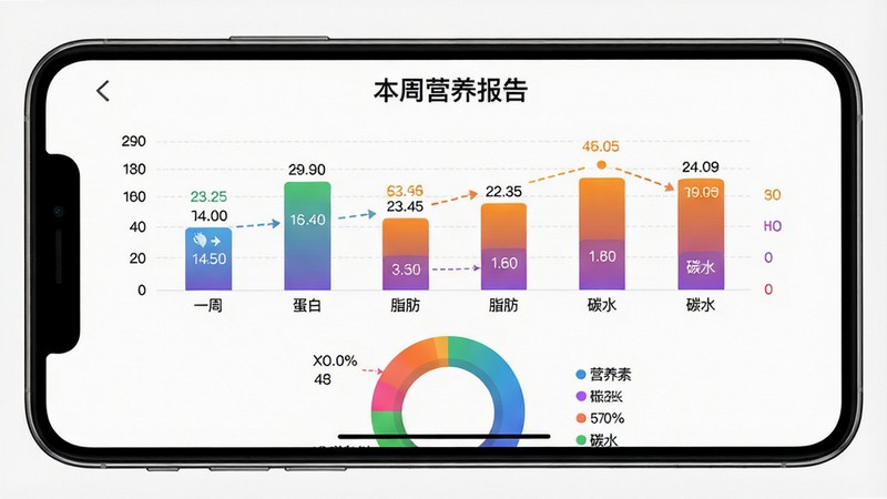 主体:轻食计营养分析页面,展示一周热量柱状图和营养素占比圆环图;布局:宽屏手机截图,横向展示图表;排版:顶部标题“本周营养报告”,中部柱状图,底部圆环图;风格:数据可视化风格,渐变色彩,白色背景;细节:坐标轴清晰,数值标注,颜色区分蛋白质、脂肪、碳水;画质:高清,干净,无多余元素