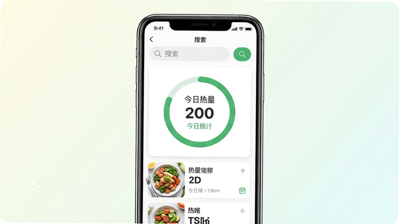 主体:轻食计应用主界面截图,显示食材搜索框和今日热量统计卡片;布局:居中构图,手机Mockup展示,背景为浅色渐变;排版:UI界面完整显示,上方搜索栏,中间圆形进度环显示热量,下方食物列表;风格:清新扁平化,白色背景搭配绿色点缀;细节:食物图片清晰,热量数字醒目,界面无多余元素;画质:高清,干净,无多余元素
