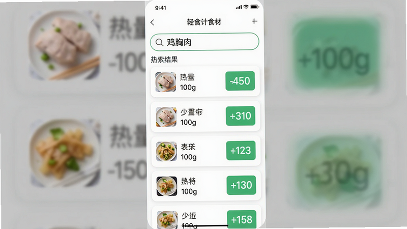 主体:轻食计食材搜索界面,展示搜索框和搜索结果列表;布局:竖屏手机截图,背景为纯白;排版:上方搜索栏显示“鸡胸肉”,下方列出不同做法的热量数据;风格:简洁卡片式,绿色高亮重点数字;细节:食物图片小图标,每行标注“100g”和对应热量;画质:高清,干净,无多余元素