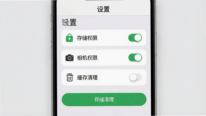 主体:轻食计设置界面,展示权限管理选项和存储清理按钮;布局:手机截图居中,背景浅灰;排版:上方标题“设置”,中间列表项“存储权限”、“相机权限”、“缓存清理”;风格:系统风格,白色卡片列表;细节:每个选项右侧有开关或按钮,图标清晰;画质:高清,干净,无多余元素
