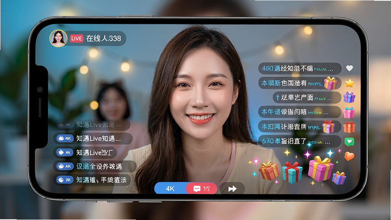 主体:手机屏幕上显示知遇Live直播画面,主播在中间微笑,下方有弹幕滚动和礼物特效;布局:屏幕占比90%,顶部有主播头像和在线人数,底部有互动按钮;排版:弹幕从右向左飘过,礼物图标彩色闪烁;风格:明亮活泼,色彩饱和;细节:主播面部清晰,背景虚化;画质:4K级细腻,干净无噪点。