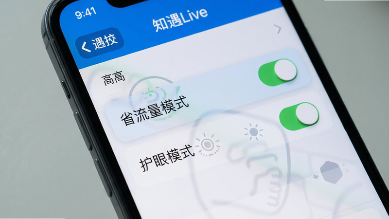 主体:手机屏幕上显示知遇Live的设置界面,高亮“省流量模式”和“护眼模式”开关;布局:界面为列表式,顶部有返回按钮;排版:清晰明了的选项文字;风格:系统原生风格,蓝白配色;细节:开关按钮为绿色,背景有轻微毛玻璃;画质:细腻干净。
