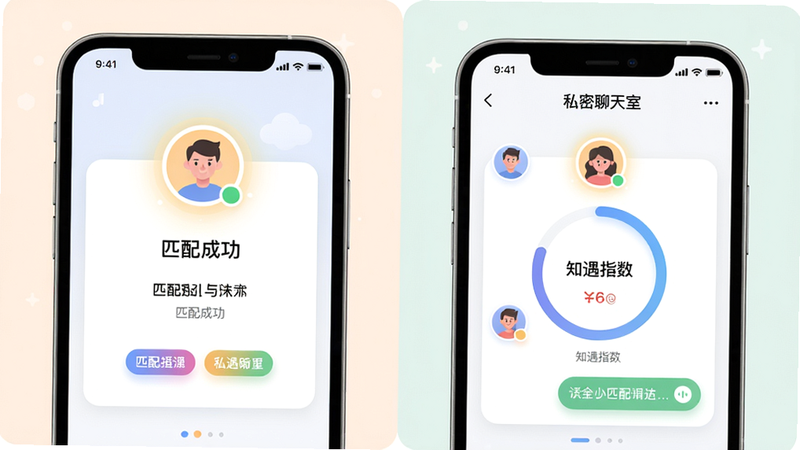 主体:两个手机屏幕并排,左边显示匹配成功界面,右边显示私密聊天室;布局:左右对称,中间有“知遇指数”环形进度条;排版:界面清爽,卡片式设计;风格:扁平化加微拟物,柔和色调;细节:头像带光环,匹配标签彩色;画质:高清无锯齿。