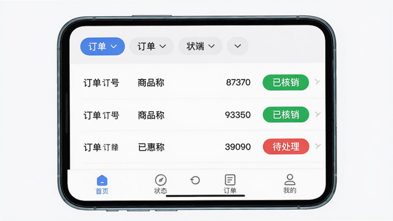 圈惠团商户端订单管理界面截图,主体为手机屏幕展示订单列表,布局顶部有订单状态筛选标签,列表每行显示订单号、商品名称、金额、状态(绿色已核销、红色待处理),排版有序,风格简洁,细节包括底部导航栏,画质清晰干净。