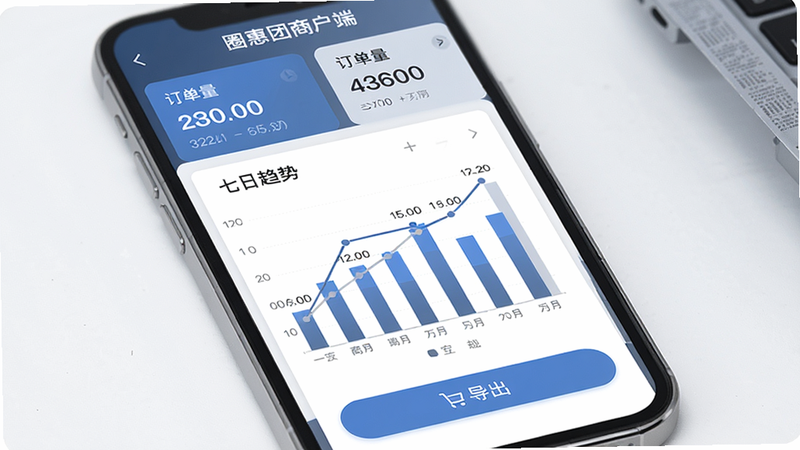 圈惠团商户端数据分析页面图示,主体为手机屏幕显示柱状图和折线图,布局上方有营收、订单量等数字卡片,中间图表展示七日趋势,底部有导出按钮,风格商务简洁,蓝灰色调,细节包括数据标注,画质高清干净。