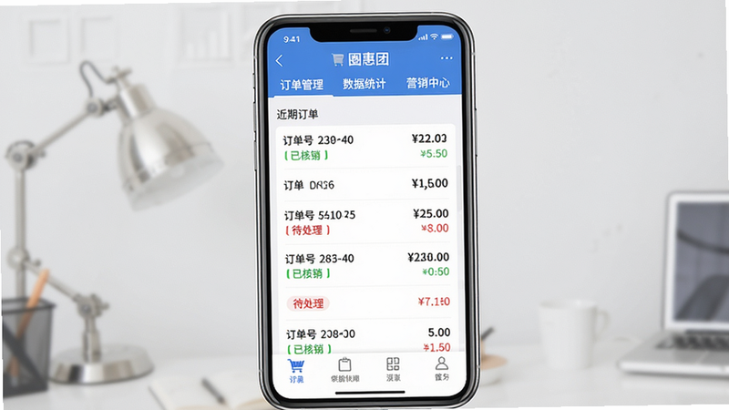 圈惠团商户端手机界面预览图,主体为一个智能手机屏幕显示软件主界面,布局顶部有导航栏“订单管理”、“数据统计”、“营销中心”等标签,中间是近期订单列表,每行显示订单号和金额,底部有功能图标。排版整洁,风格现代简约,蓝白配色,细节包括订单状态颜色标识(绿色已核销、红色待处理),画质高清,干净无多余元素。