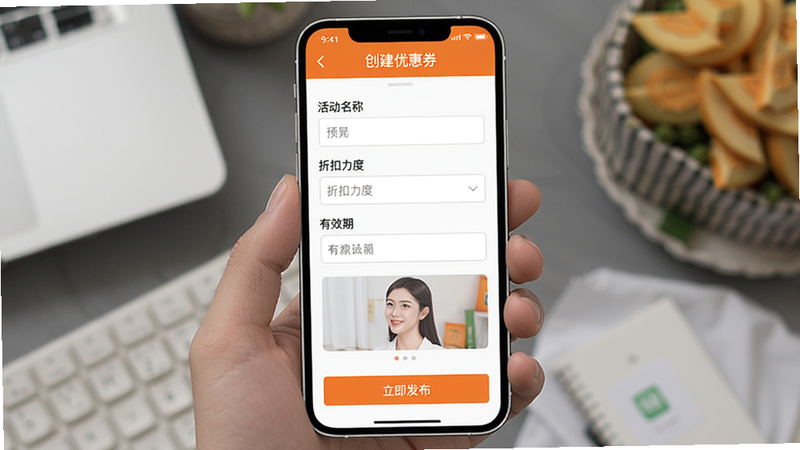 圈惠团商户端营销活动创建界面,主体手机屏幕显示创建优惠券表单,布局有活动名称、折扣力度、有效期等输入框,底部有“立即发布”按钮,风格扁平化,橙色主题,细节包括预览效果,画质清晰干净。