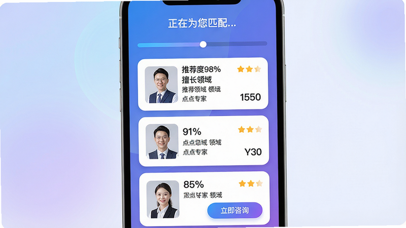 主体:手机屏幕展示匹配结果页面,顶部显示“正在为您匹配...”,三秒后出现三位专家卡片,分别标注“推荐度98%”“91%”“85%”,每张卡片有专家照片、姓名、擅长领域、价格。布局:手机居中,背景柔和渐变。排版:卡片式纵向排列,带有评分小星星。风格:科技感、蓝紫色调,圆角。细节:匹配进度条动画,专家卡片有“立即咨询”按钮。画质:清晰、干净、无无关元素。文字需包含“点点专家”字样。