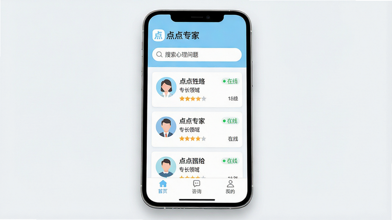 主体:手机屏幕展示点点专家APP主界面,顶部显示“点点专家”Logo和搜索框,中部为专家卡片列表,包含头像、姓名、专长领域、评分,底部导航栏有首页、咨询、我的。布局:居中构图,手机平放,屏幕亮起。排版:UI界面清晰,卡片式布局。风格:扁平化、健康、温暖色调(浅蓝与白色)。细节:搜索框中显示“搜索心理问题”,专家卡片有“在线”绿色小点。画质:高精度、干净、无多余元素。