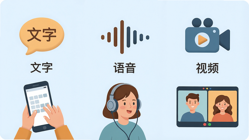 主体:三种咨询模式图标并列展示,从左到右依次为文字气泡、语音波形、视频摄像头,下方对应三种场景示意图:一个人在手机上打字、一个人戴着耳机说话、两个人通过视频窗口交谈。布局:横向三列,背景淡蓝。排版:图标加简洁文字说明。风格:插画风格,温暖、治愈。细节:每个图标上标有“文字”“语音”“视频”字样。画质:高清、干净、无多余元素。