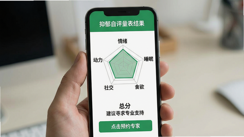 主体:手机屏幕展示心理测评报告页面,顶部显示“抑郁自评量表结果”,中间为雷达图(五个维度:情绪、睡眠、食欲、社交、动力),下方有总分和文字建议“建议寻求专业支持”。布局:手机竖屏,报告长图滚动展示。排版:图表居中,文字分段。风格:数据可视化,色块分明,健康绿色调。细节:雷达图线条清晰,建议部分有“点击预约专家”按钮。画质:精细、干净、无多余元素。