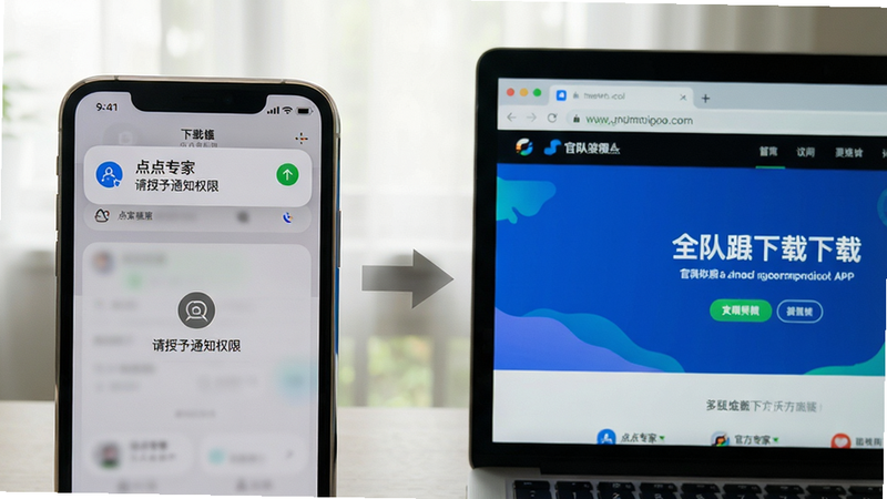 主体:手机和电脑并排摆放,手机屏幕显示点点专家APP提示“请授予通知权限”,电脑屏幕显示官网下载页面。布局:左右对称,中间有箭头示意。排版:简洁。风格:实拍风格,自然光。细节:手机通知栏有权限弹窗,电脑浏览器地址栏显示官方域名。画质:高清、干净、无多余元素。
