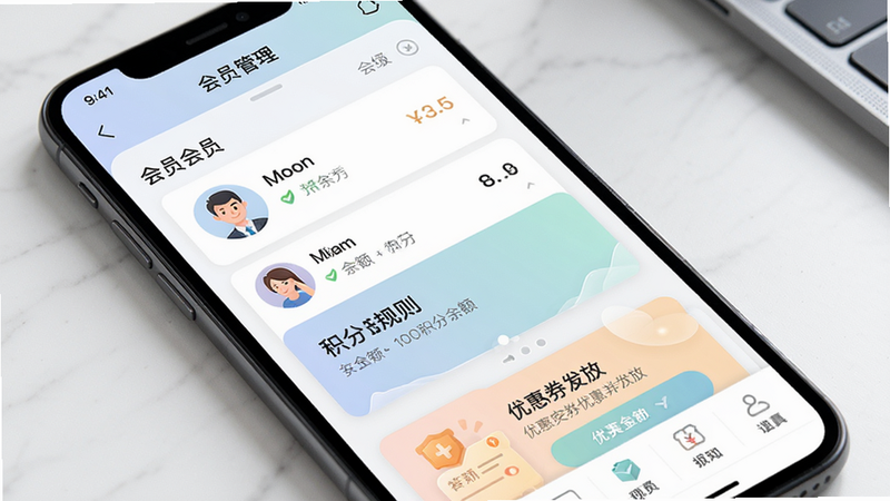 主体:手机界面截图,布局:会员管理页面,显示会员列表、积分规则、优惠券发放界面,排版:卡片式布局,风格:色彩柔和商务风,细节:会员头像、等级、积分余额清晰,画质:高清整洁。
