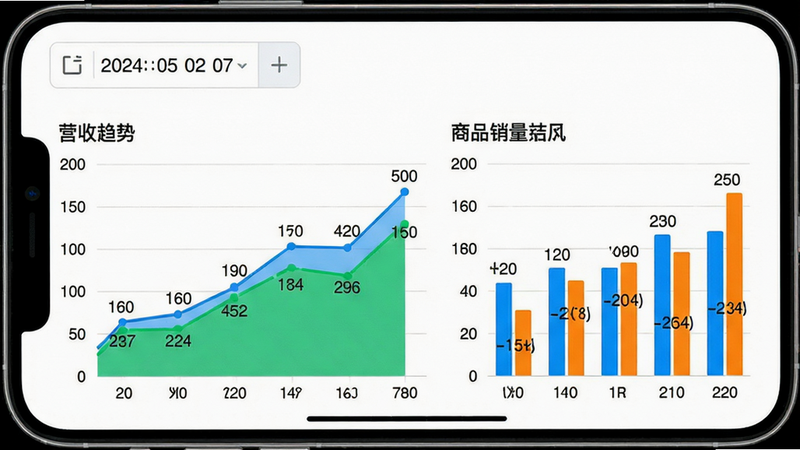 主体:手机界面截图,布局:数据报表页面,上方日期选择器,下方折线图展示营收趋势,右侧柱状图展示商品销量,排版:图表并排,风格:白色背景,图表色彩鲜明(蓝绿橙),细节:标注数据标签,画质:干净无多余元素。