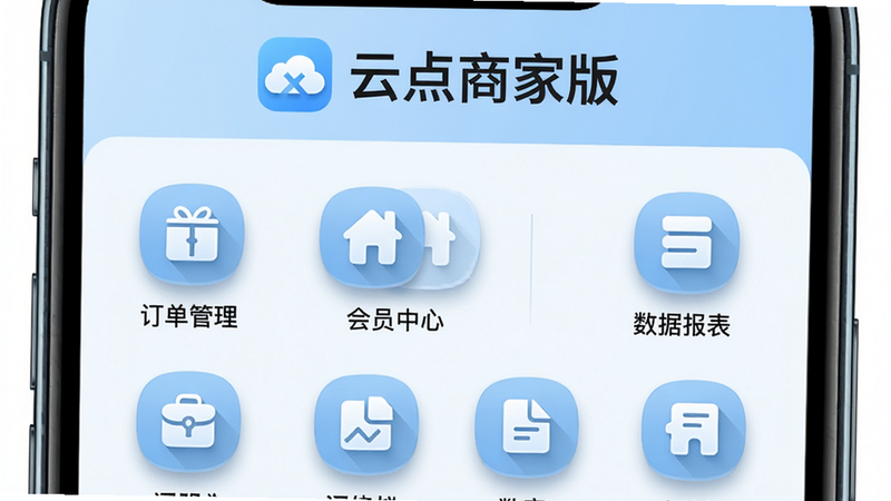 主体:智能手机屏幕截图,布局:顶部有“云点商家版”Logo和标题,下方排列订单管理、会员中心、数据报表等图标,排版:图标网格排列,风格:浅蓝色商务简洁,细节:图标带有阴影质感,画质:高清干净,无多余元素。