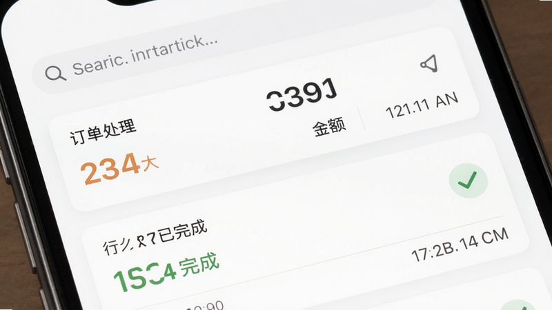 主体:手机界面截图,布局:订单列表页面,顶部搜索栏,中部订单卡片显示不同状态(待处理、已完成),排版:卡片式列表,风格:白色背景简约UI,细节:订单编号、金额、时间清晰可见,画质:干净无多余元素。