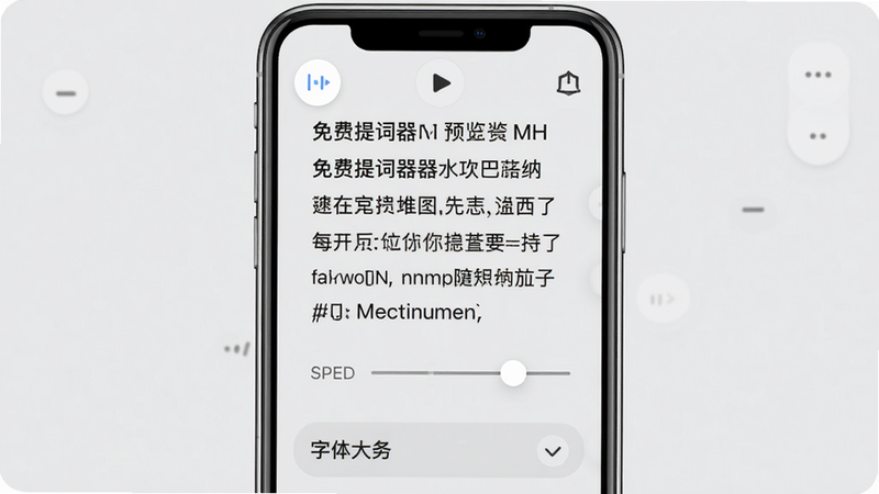 免费提词器MH的整体预览图,手机屏幕中央显示滚动提词文本,背景为浅灰色,界面包含播放按钮、速度调节滑块、字体大小选项,布局整齐,画质高清,干净无多余元素