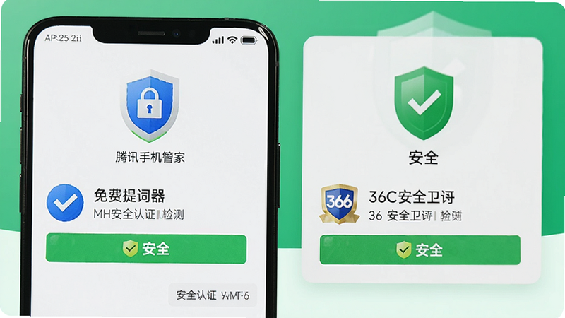 免费提词器MH安全认证截图,手机屏幕上显示腾讯手机管家和360安全卫士的检测结果,均为“安全”,背景为绿色,带有盾牌图标,画质清晰,干净无多余元素