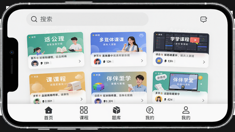 伴学堂app主界面预览,显示手机屏幕上的课程列表,顶部有搜索栏,底部导航栏有'首页''课程''题库''我的'标签,现代简约风格,高清画质,干净背景,无多余元素