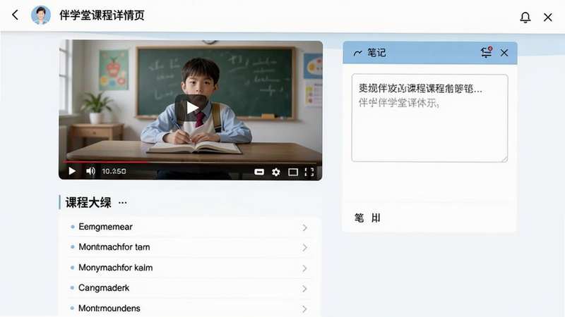 伴学堂课程详情页截图,显示视频播放界面,下方有课程大纲列表,右侧有笔记输入框,整体画面清晰,色彩协调,干净无多余元素