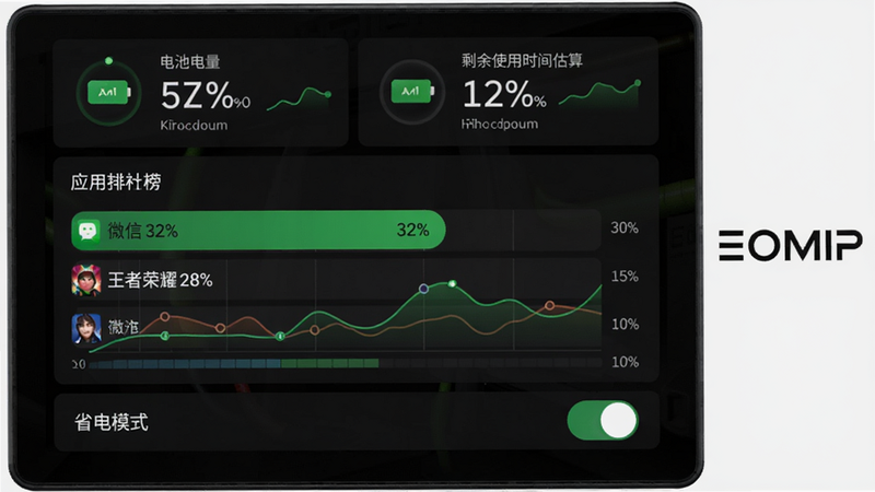 主体为EOMIP电池管理界面,顶部显示电池电量百分比和剩余使用时间估算,中部为应用耗电排行榜(如“微信 32%”“王者荣耀 28%”),底部有“省电模式”开关,布局分区明确,风格深色背景搭配绿色电量图标,细节包含数据曲线图,画质细腻,图片右侧有“EOMIP”品牌标识