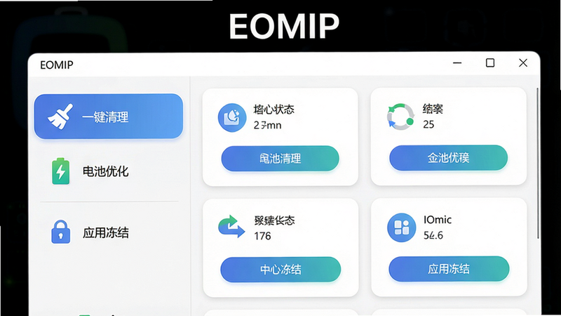 主体为EOMIP软件界面布局截图,左侧展示功能菜单(如“一键清理”“电池优化”“应用冻结”),右侧显示系统状态卡片,排版整齐,风格极简白色背景,细节包含圆角图标与渐变按钮,画质干净高清,图片中上方居中标有“EOMIP”字样