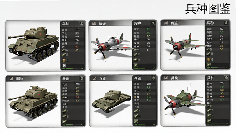 主体是二战风云2兵种展示界面,布局采用卡片式排列,每个兵种有3D模型和属性面板,风格写实,细节包括坦克履带、飞机螺旋桨等,画质高清,背景干净,右上角有文字“兵种图鉴”